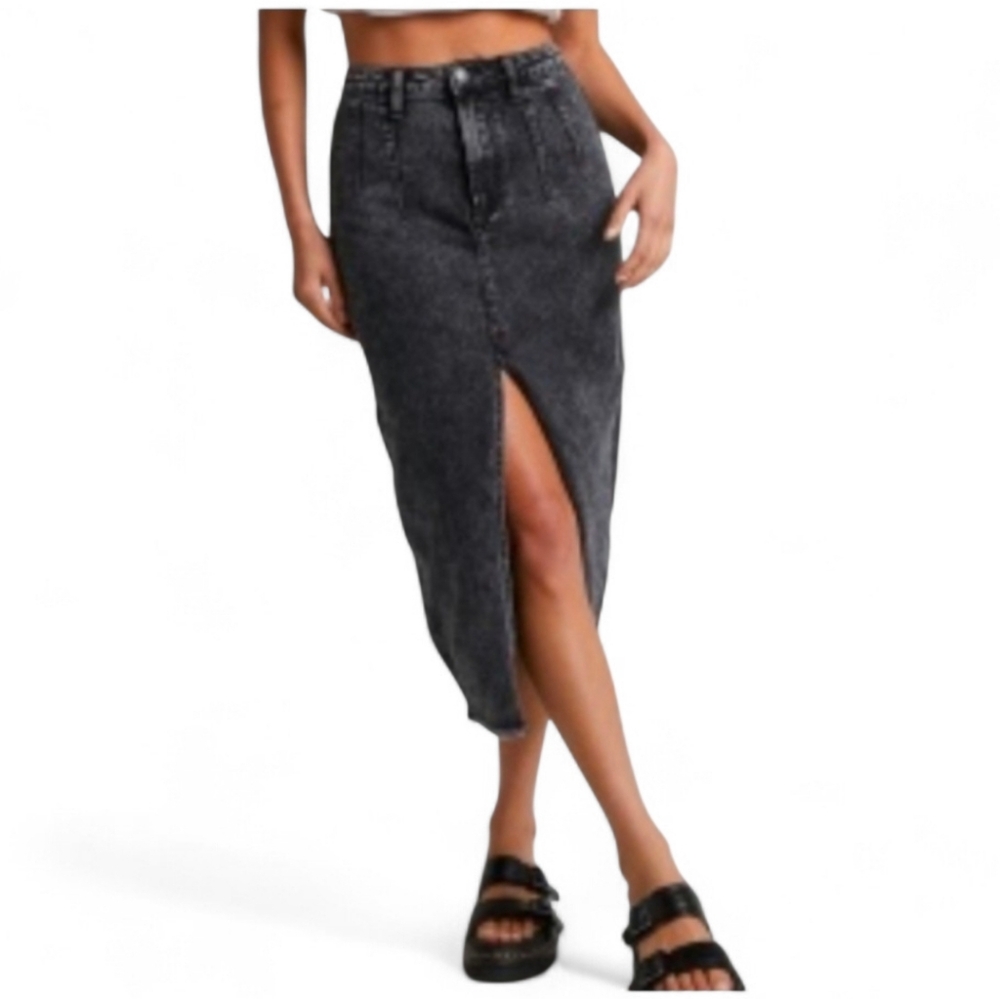 Showpo Black Washed Midi Denim Skirt with Front Split